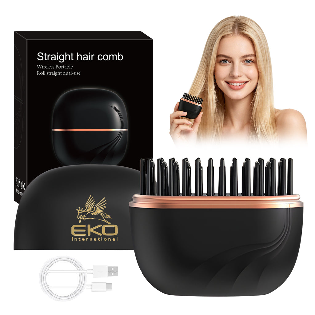 EKO Portable Mini Hair Straightener Brush – Cordless, Rechargeable, Ceramic Coating