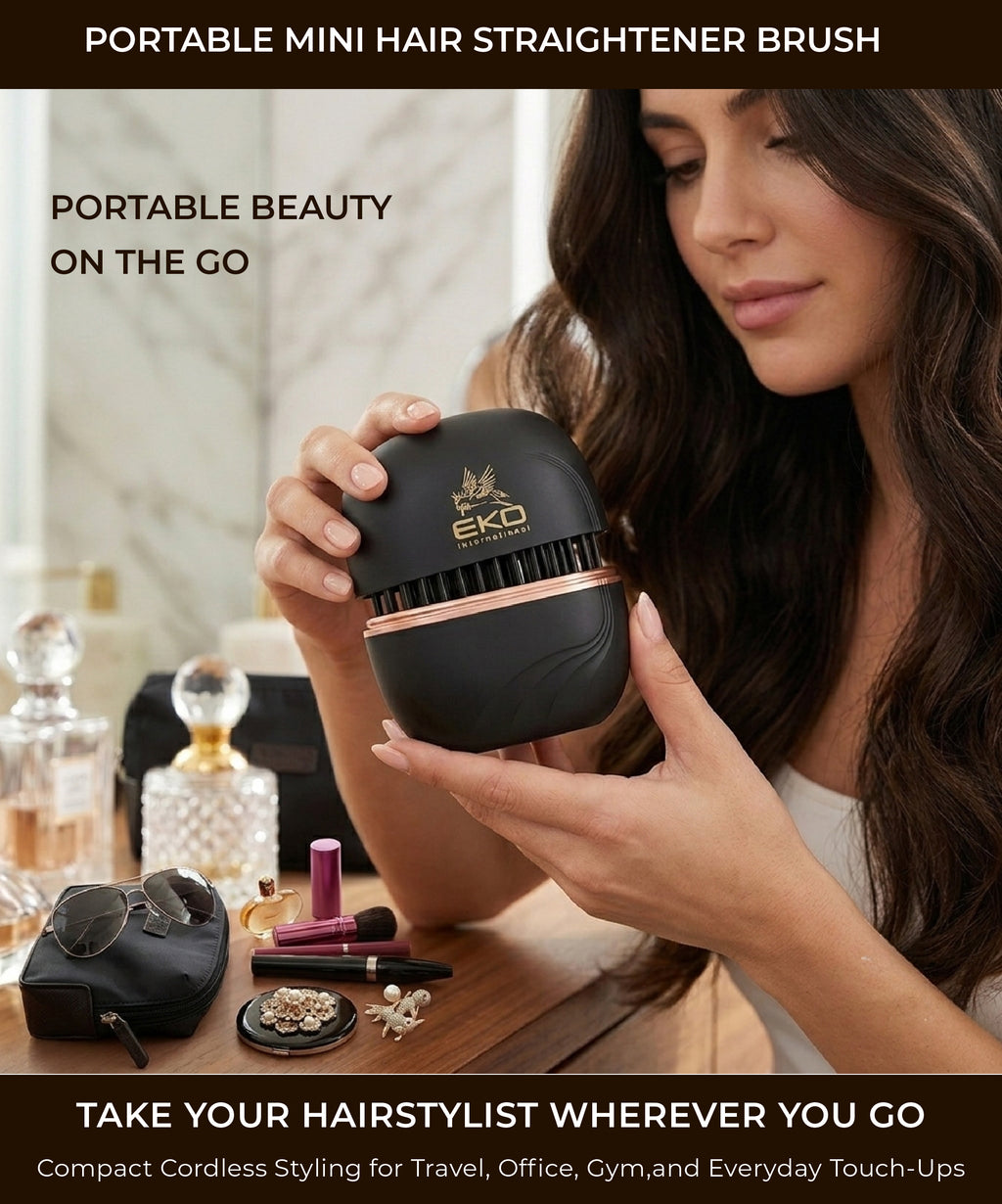 EKO Portable Mini Hair Straightener Brush – Cordless, Rechargeable, Ceramic Coating